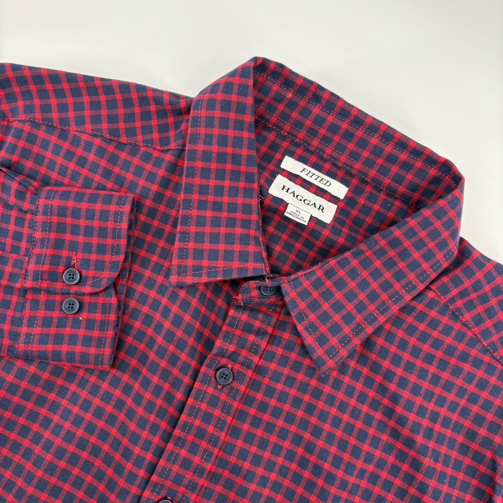 Haggar Men's XL Red Blue Plaid Shirt Multicolor Long Sleeve 100% Cotton Casual